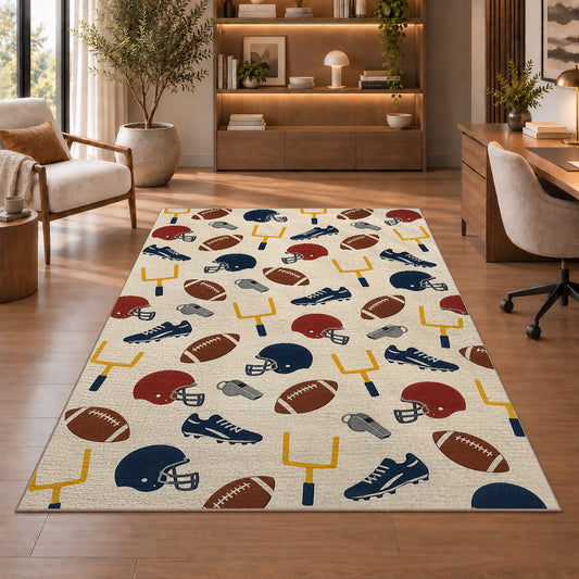 Football Gear Pattern rug in a home office with wooden shelves