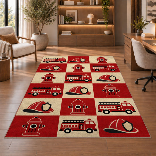 Retro Checkered Fire Truck rug in a home office with wooden shelves