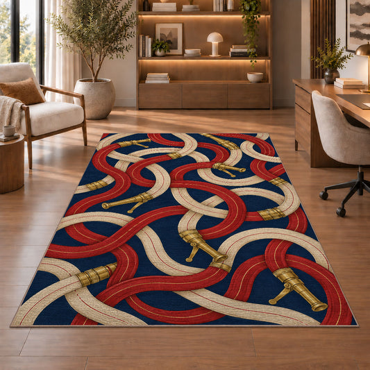Fire Hose Pattern rug in a home office with wooden shelves