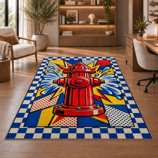 Pop Art Fire Hydrant rug in a home office with wooden shelves
