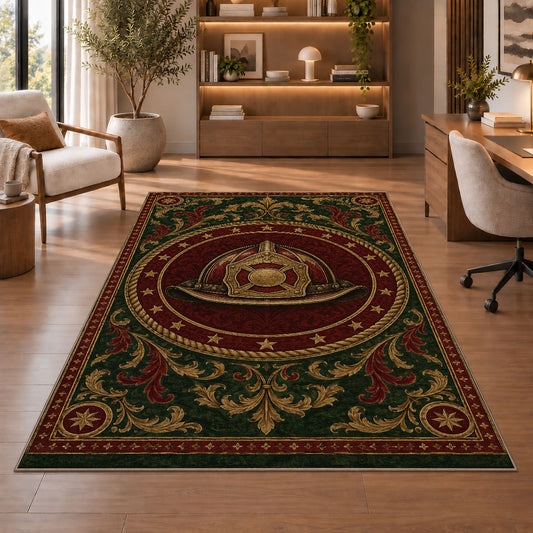 Vintage Fire Helmet Medallion rug in a home office with wooden shelves