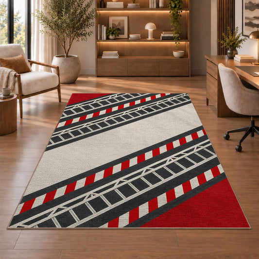 Fire Ladder Stripe rug in a home office with wooden shelves