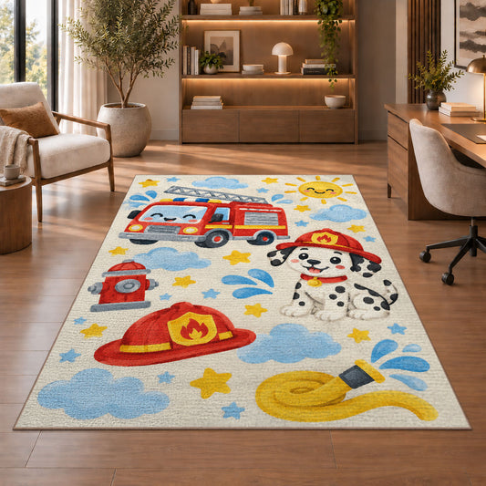 Cute Fire Truck and Dalmatian rug in a home office with wooden shelves
