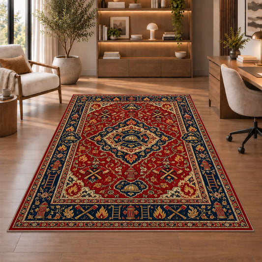 Persian Style Firefighter rug in a home office with wooden shelves