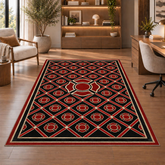 Maltese Cross Lattice rug in a home office with wooden shelves