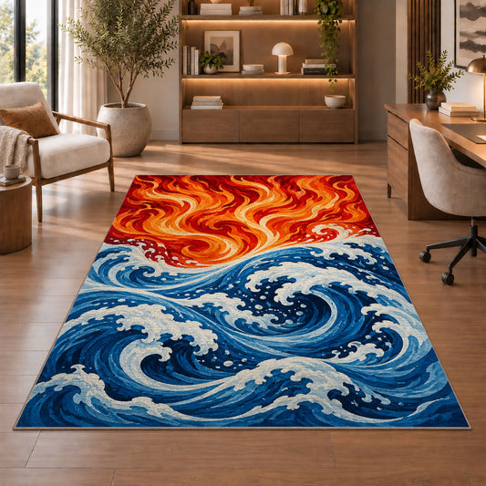 Fire and Water Waves rug in a home office with wooden shelves