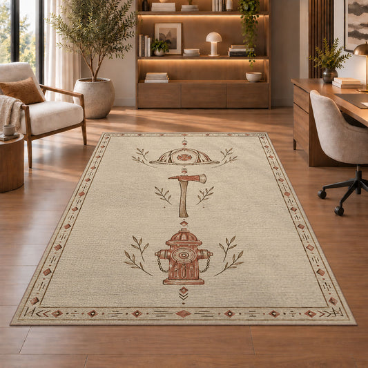Minimalist Firefighter Line Art rug in a home office with wooden shelves