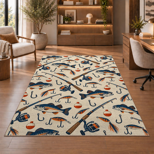 Fishing gear pattern rug in a home office with wooden shelves