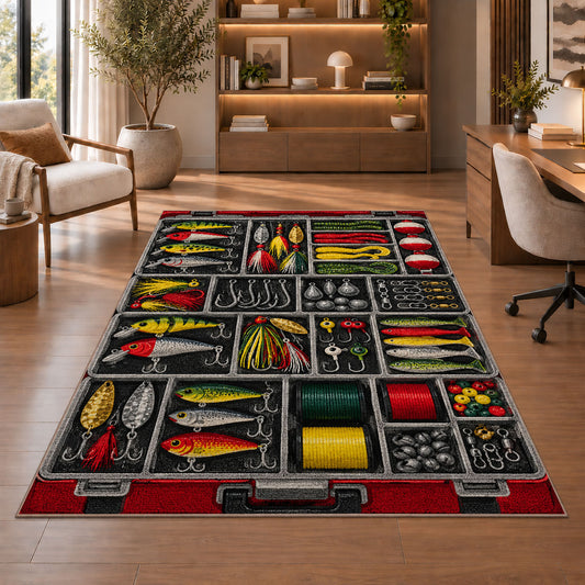Tackle box rug in a home office with wooden shelves
