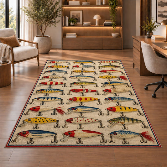 Vintage lure collection rug in a home office with wooden shelves