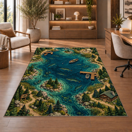 Fishing lake map rug in a home office with wooden shelves