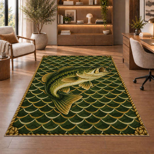 Bass on fish scales rug in a home office with wooden shelves