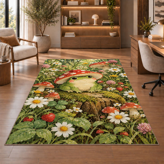 frog wearing a mushroom hat rug in a home office with wooden shelves
