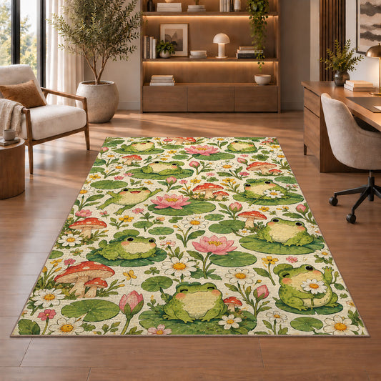 frog pattern with lilies and mushrooms rug in a home office with wooden shelves