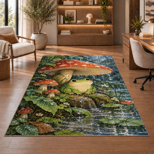 frog under a mushroom umbrella in the rain rug in a home office with wooden shelves