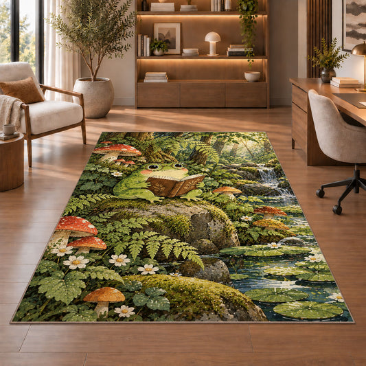 frog reading a book rug in a home office with wooden shelves