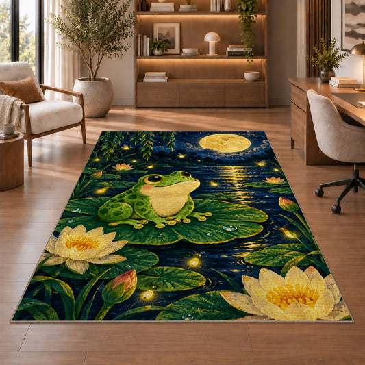 frog under the full moon rug in a home office with wooden shelves