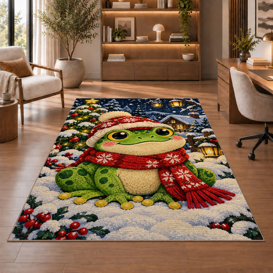 frog in a winter scarf and hat rug in a home office with wooden shelves