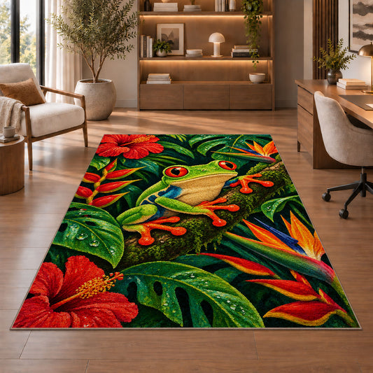 red-eyed tree frog in the rainforest rug in a home office with wooden shelves