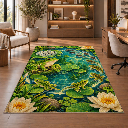 frog life cycle around a pond rug in a home office with wooden shelves