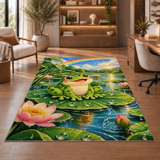 happy frog under a rainbow rug in a home office with wooden shelves