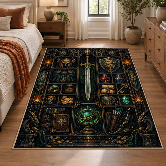 Dark fantasy sword and relics area rug in a bedroom