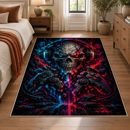 Neon Skull Fantasy Area Rug shown in room setting, view 1