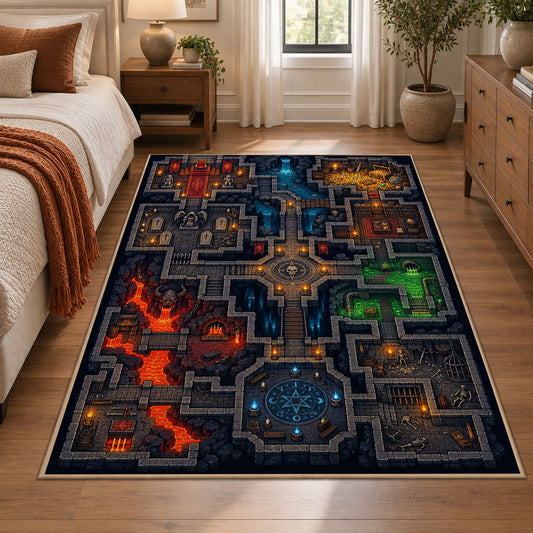 Colorful Dungeon Maze Area Rug shown in room setting, view 1