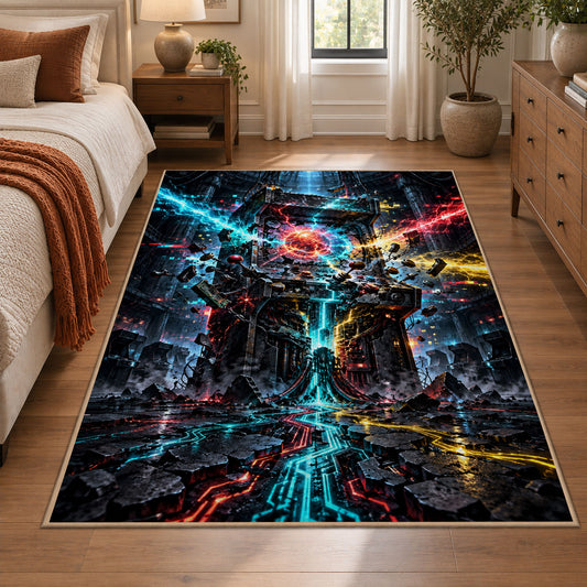 Neon Sci-Fi Battle Area Rug shown in room setting, view 1