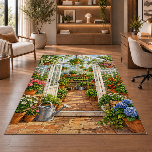 Greenhouse Rug in a home office with wooden shelves