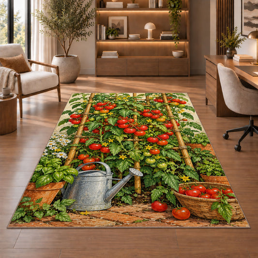 Tomato Garden Rug in a home office with wooden shelves