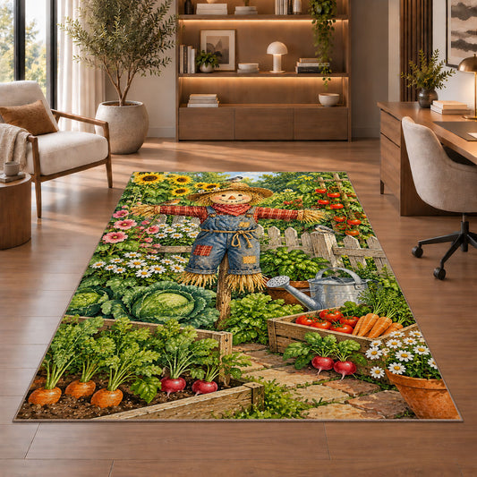 Scarecrow Garden Rug in a home office with wooden shelves