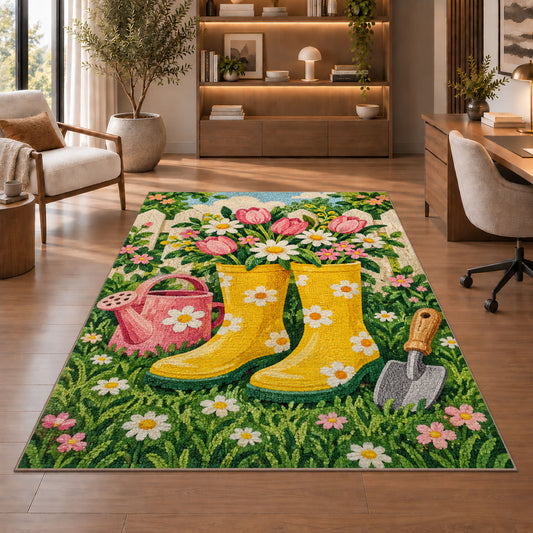 Rain Boots Flower Rug in a home office with wooden shelves