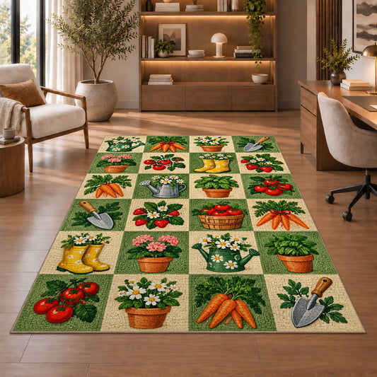 Checkered Garden Rug in a home office with wooden shelves