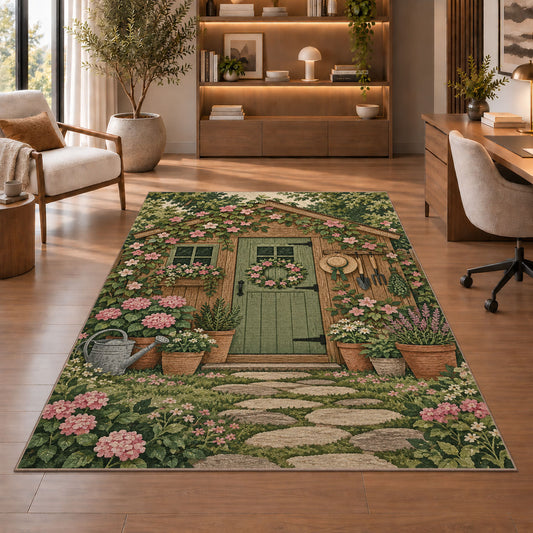 Garden Shed Rug in a home office with wooden shelves
