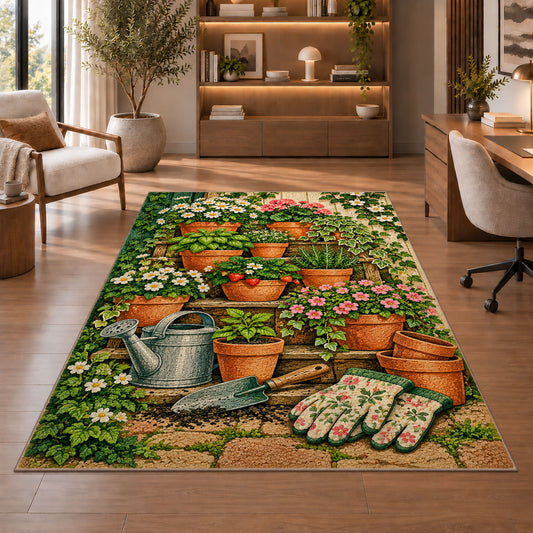 Terracotta Pots Rug in a home office with wooden shelves