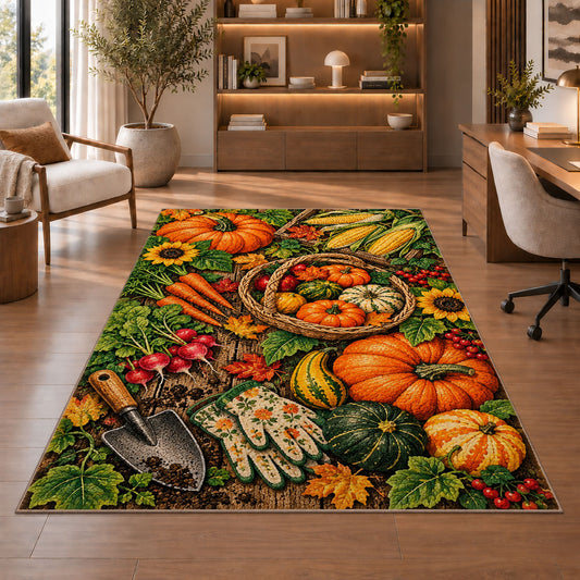 Fall Harvest Garden Rug in a home office with wooden shelves