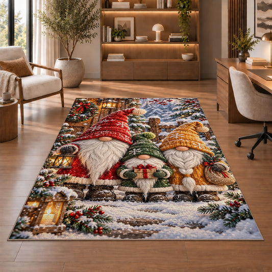 family of three gnomes rug in a home office with wooden shelves