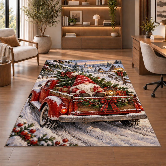 gnome riding in a red truck rug in a home office with wooden shelves