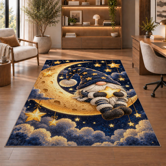 gnome sitting on the crescent moon rug in a home office with wooden shelves