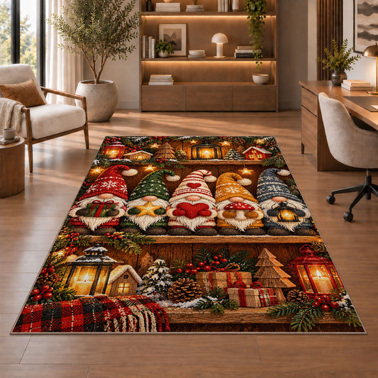 row of gnomes on a shelf rug in a home office with wooden shelves