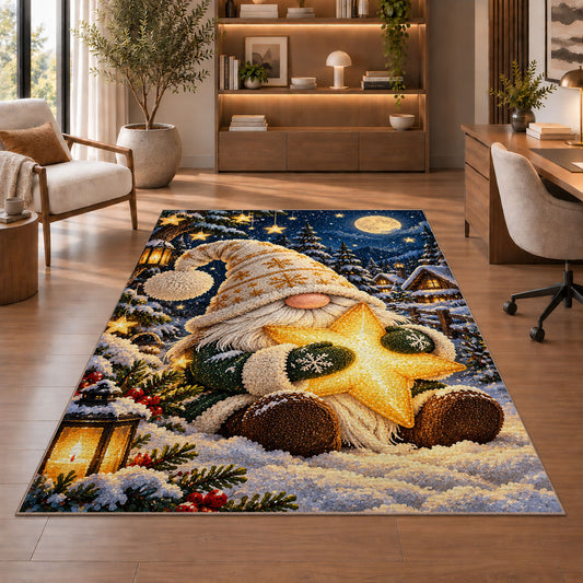gnome hugging a golden star rug in a home office with wooden shelves
