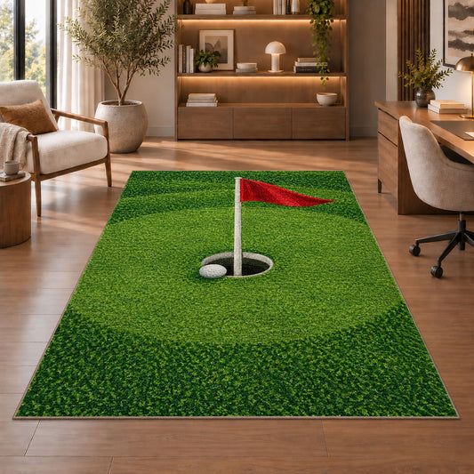 Golf hole and flag rug in a home office with wooden shelves