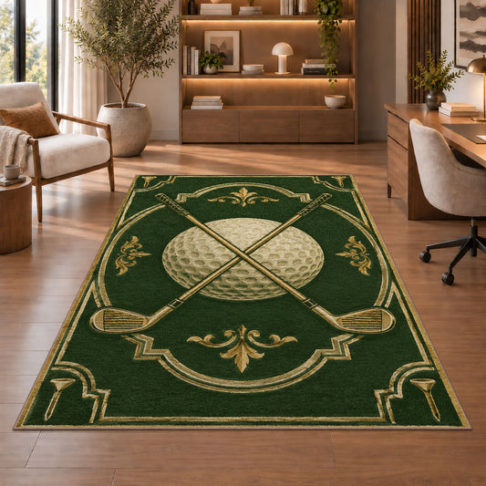 Crossed clubs emblem rug in a home office with wooden shelves