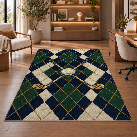 Golf argyle rug in a home office with wooden shelves