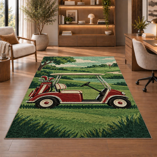 Retro golf cart rug in a home office with wooden shelves