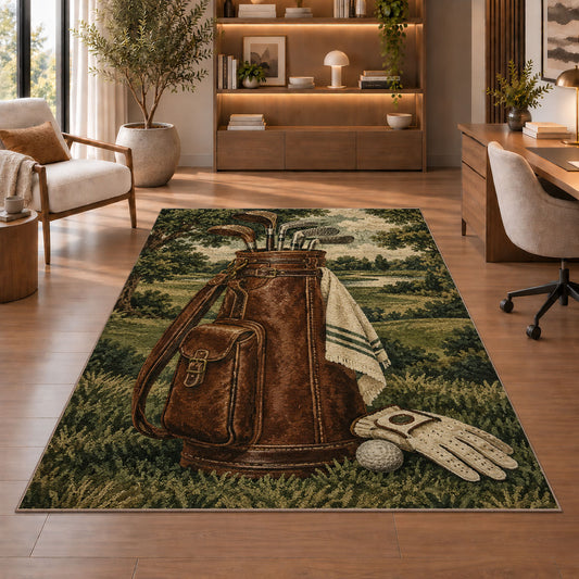 Leather golf bag rug in a home office with wooden shelves