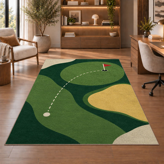 Minimal golf green rug in a home office with wooden shelves