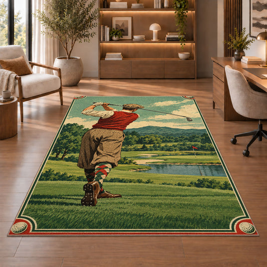 Vintage golfer poster rug in a home office with wooden shelves