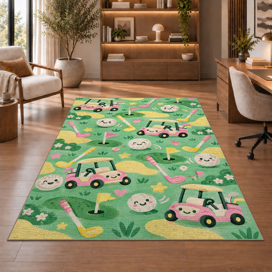 Kids golf rug in a home office with wooden shelves